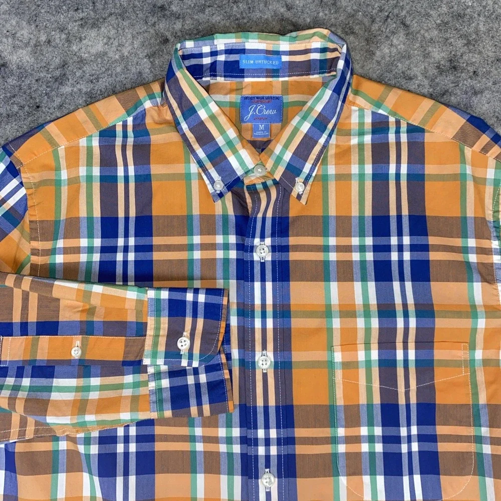 J. Crew Button Up‎ Shirt Men's Blue & Orange Plaid Slim Untucked Stretch Cotton